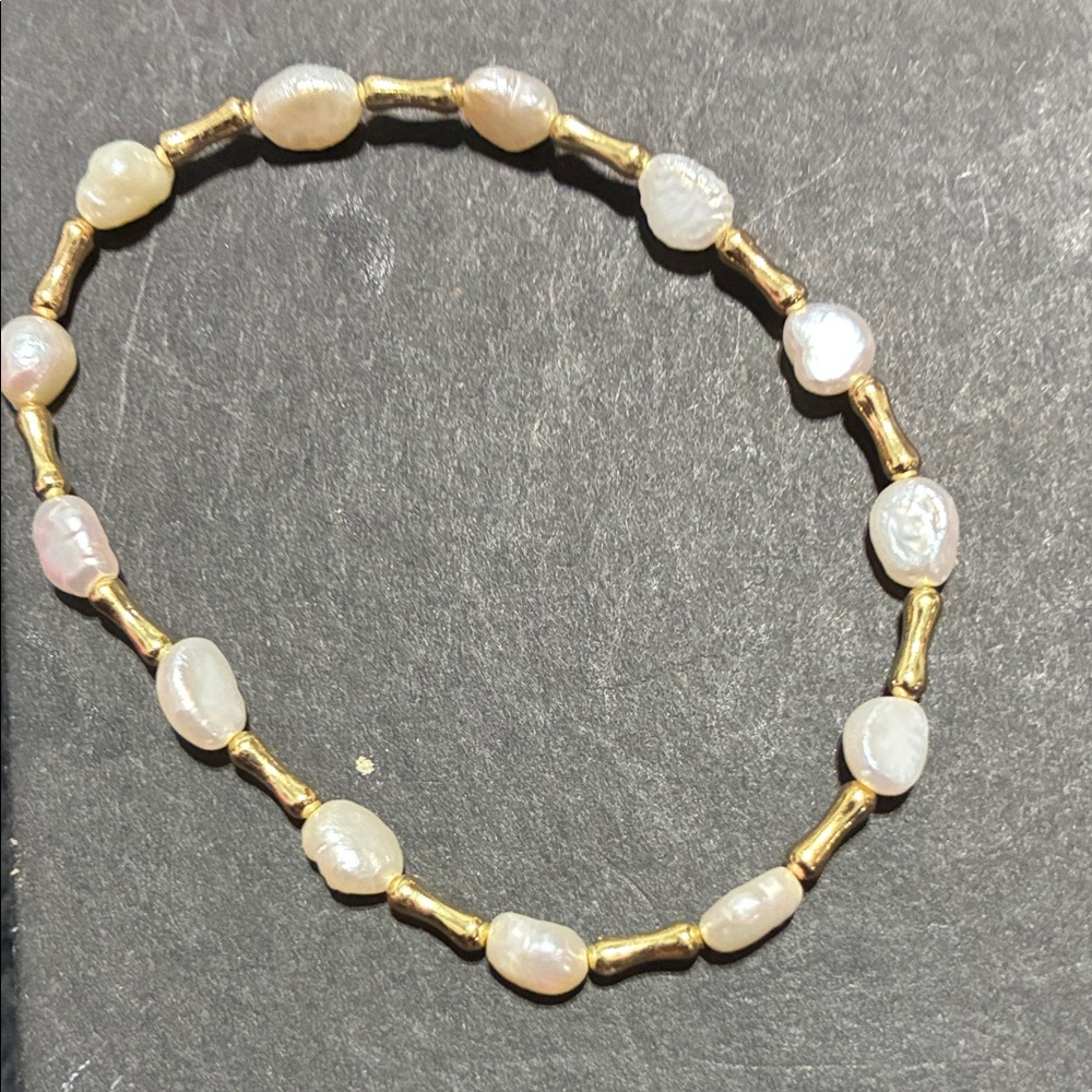 Gold Bead and White Freshwater Pearl Stretch Bracelet